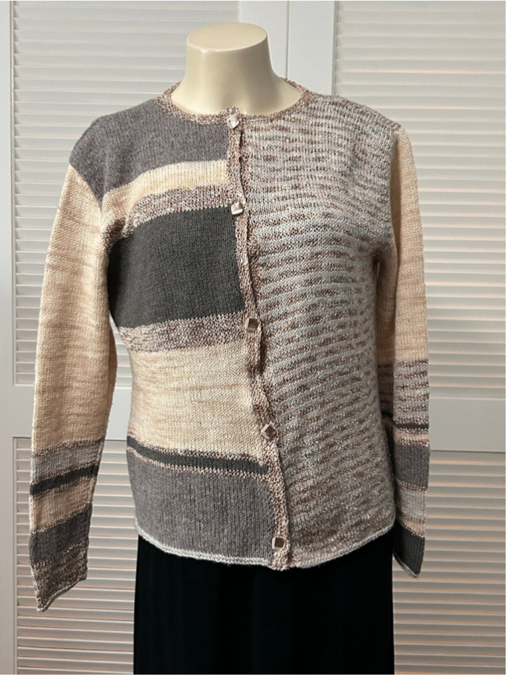 Hand Knit Grannycore Large Cardigan Sweater Metallic Color Block Button Front